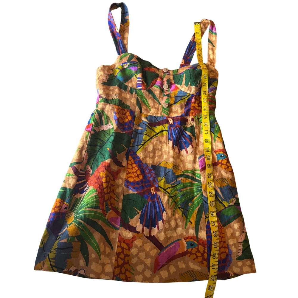Farm Rio Sand Painted Toucans Mini Dress Womens Small Linen Tropical Boho - Picture 7 of 9
